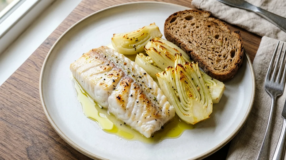 Lemon hake with braised fennel and rye bread