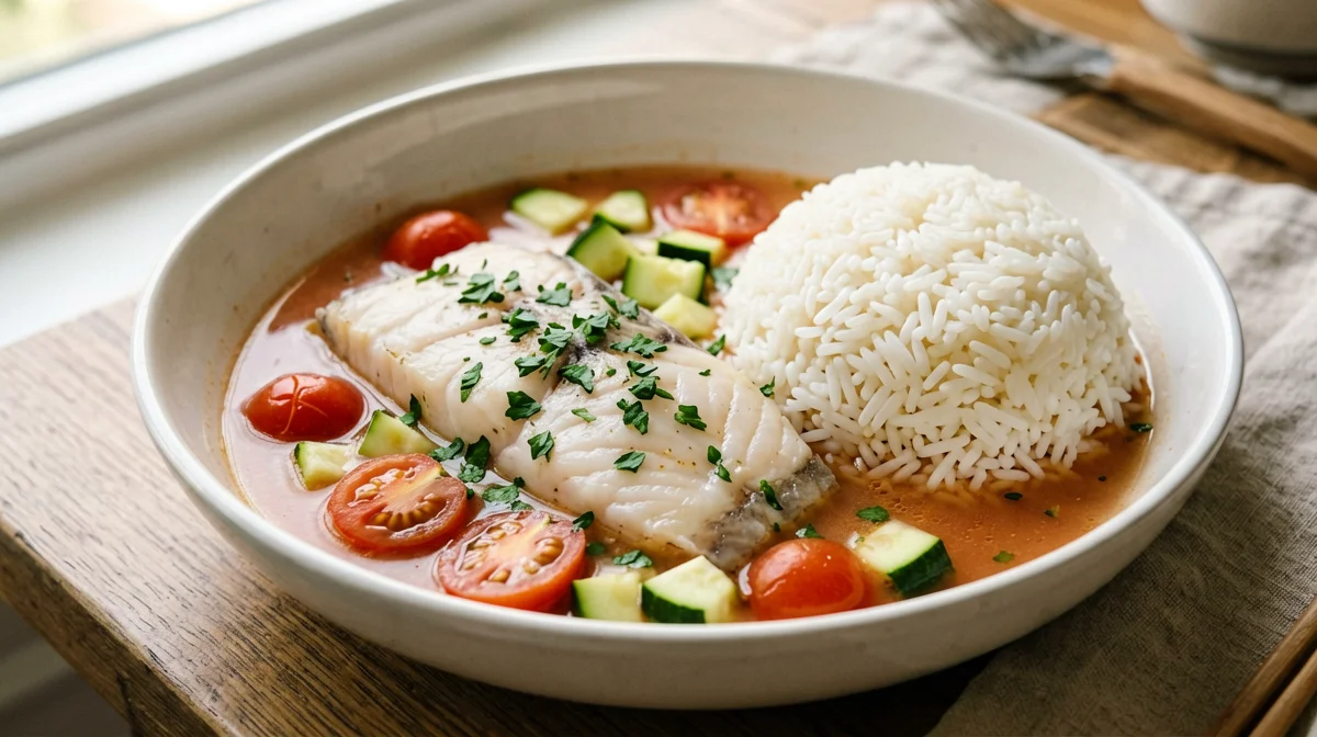 Hake in a light broth with zucchini and basmati rice