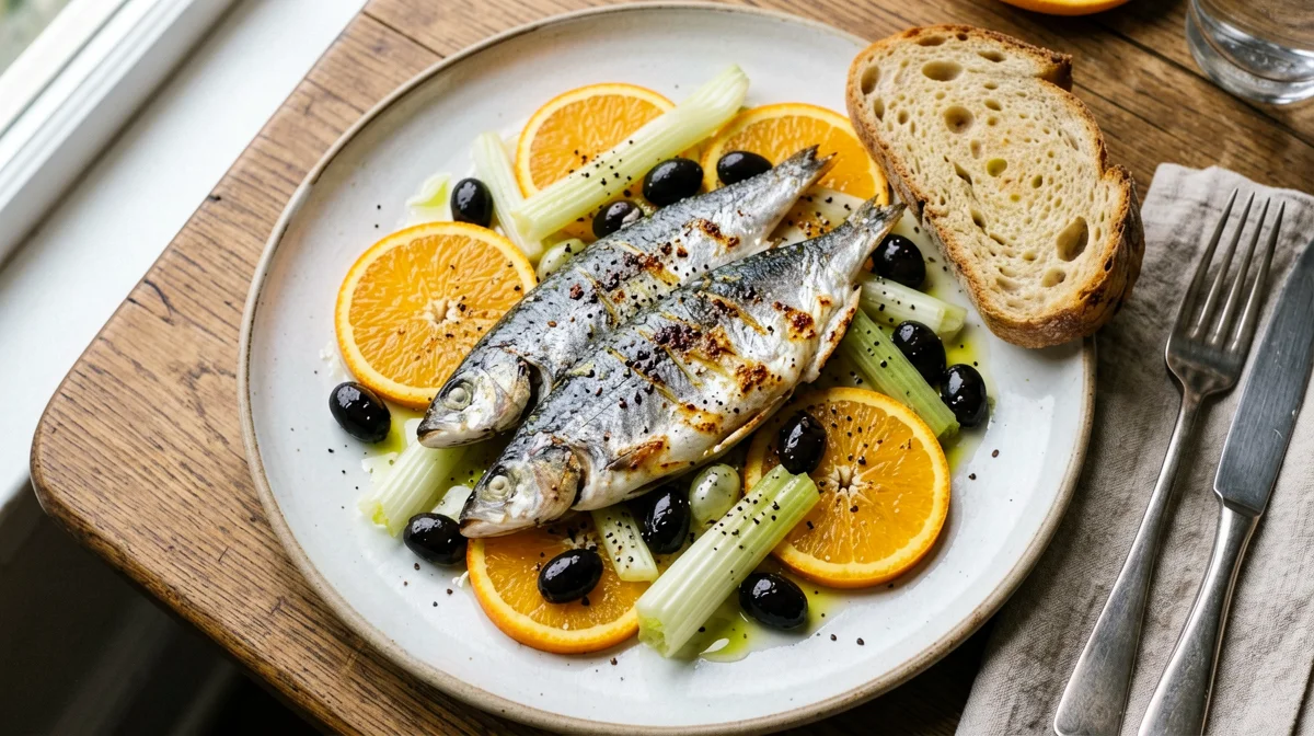 Alici scottate con insalata di arance, finocchi e olive e pane