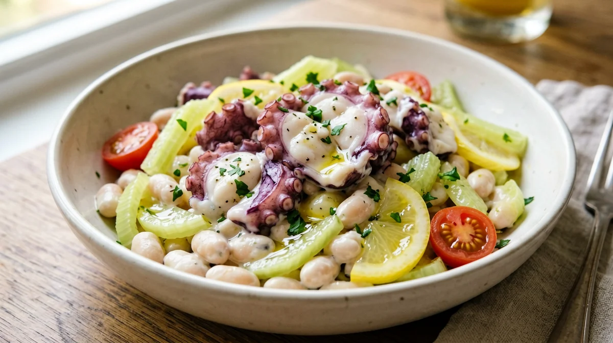 Octopus with cannellini beans, celery and cherry tomatoes