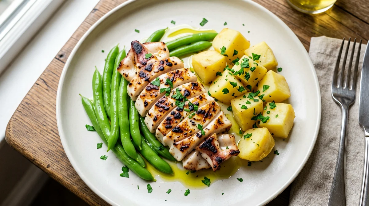 Grilled cuttlefish with green beans and parsley potatoes