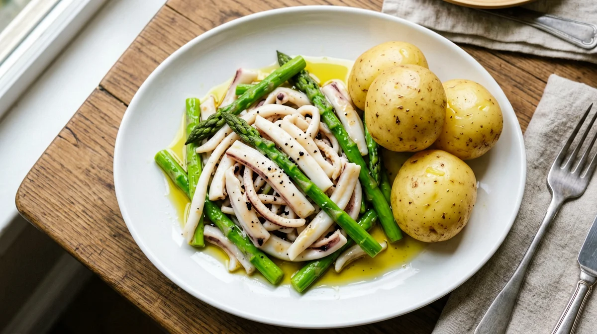 Seppie con asparagi e patate novelle
