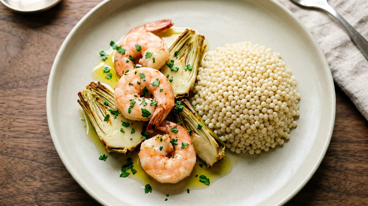 Gamberi e carciofi in padella con orzo perlato