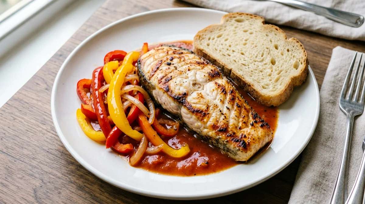 Pesce spada in padella con peperonata e pane