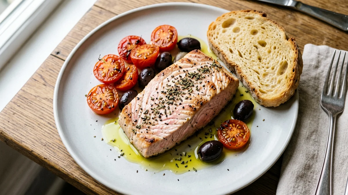 Baked fresh tuna with cherry tomatoes, olives and bread