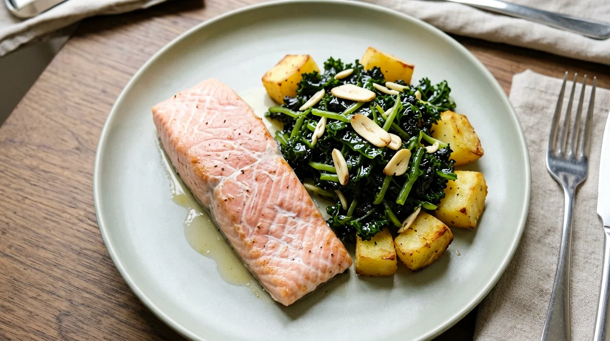 Baked salmon with cavolo nero and potatoes