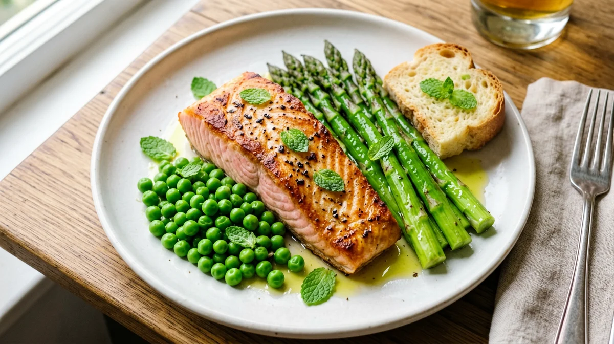 Pan-cooked salmon with peas, asparagus and mint