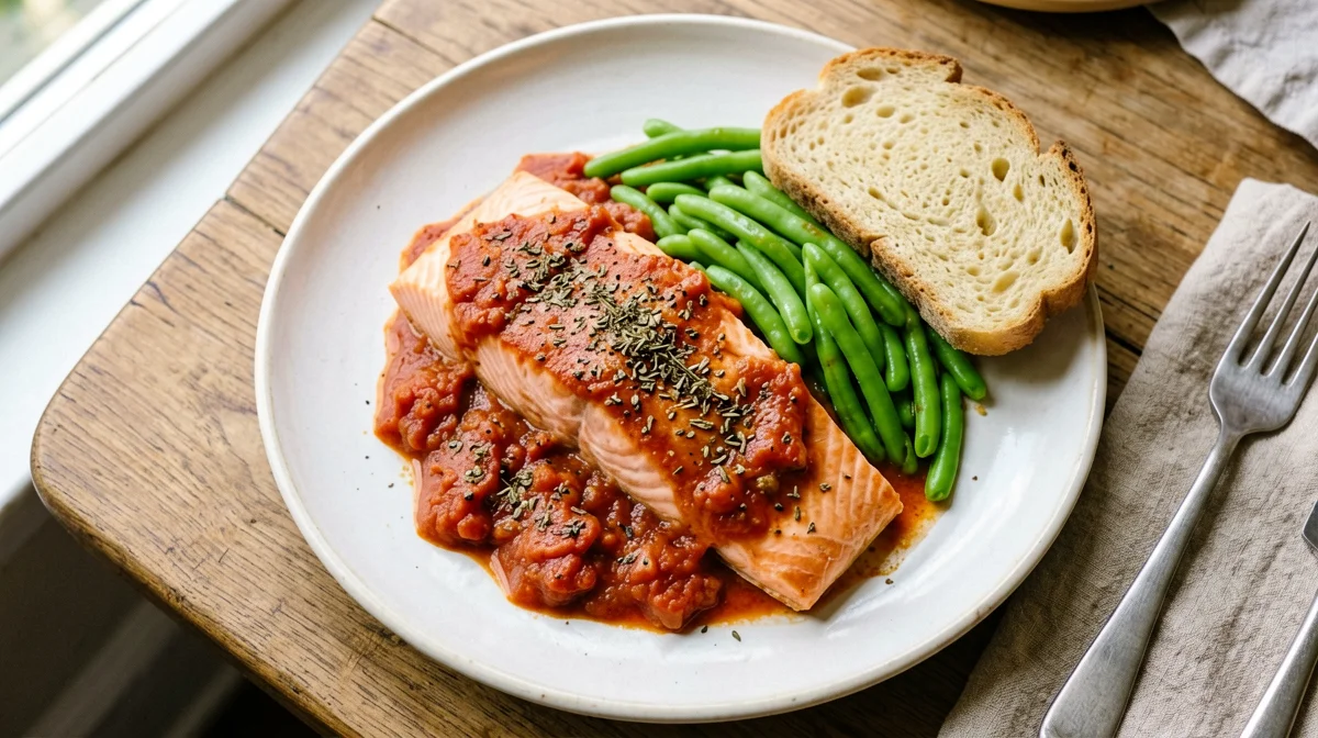 Salmon pizzaiola with green beans and bread