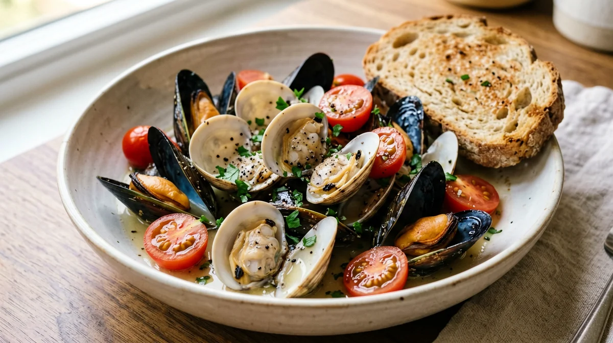 Sauté di cozze e vongole con pomodorini e pane integrale