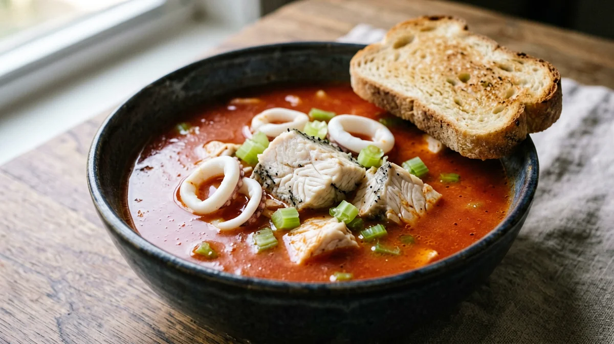 Zuppa di pesce leggera con nasello, calamari e pane tostato