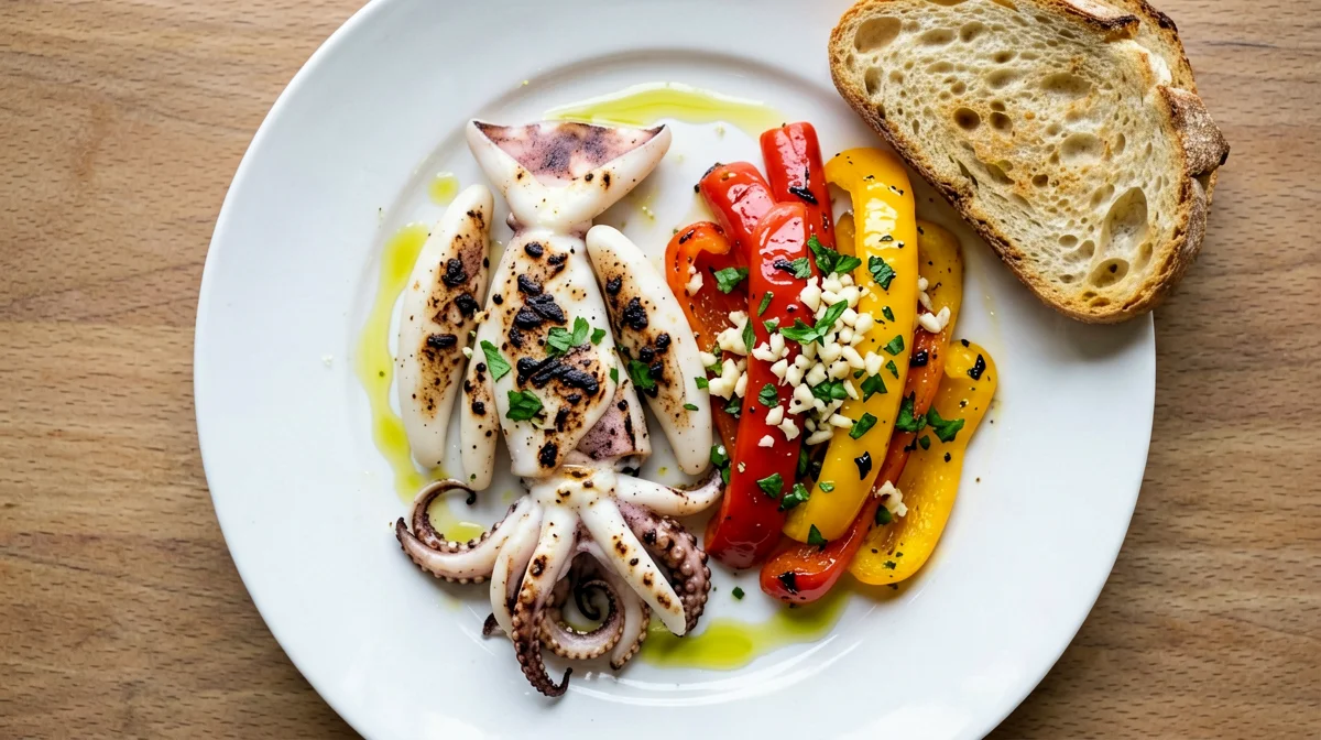 Grilled squid with roast peppers and bread