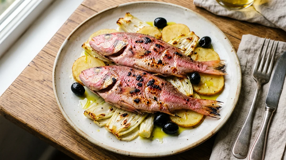 Baked red mullet with fennel, olives and potatoes