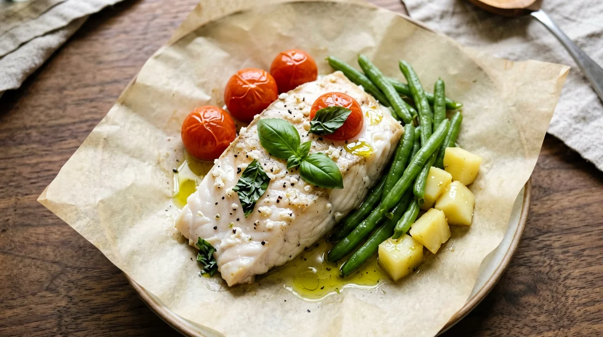 Grouper en papillote with green beans, cherry tomatoes and potatoes