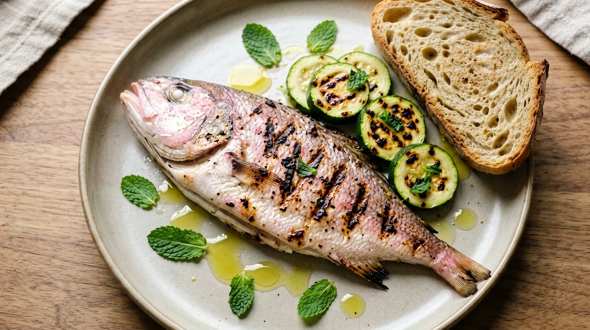 Dentice alla griglia con zucchine marinate alla menta e pane