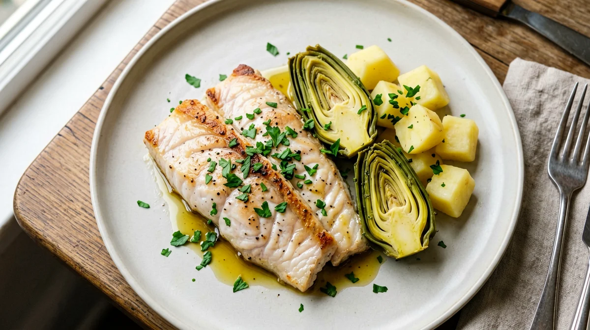 Sole in white wine with artichokes and potatoes