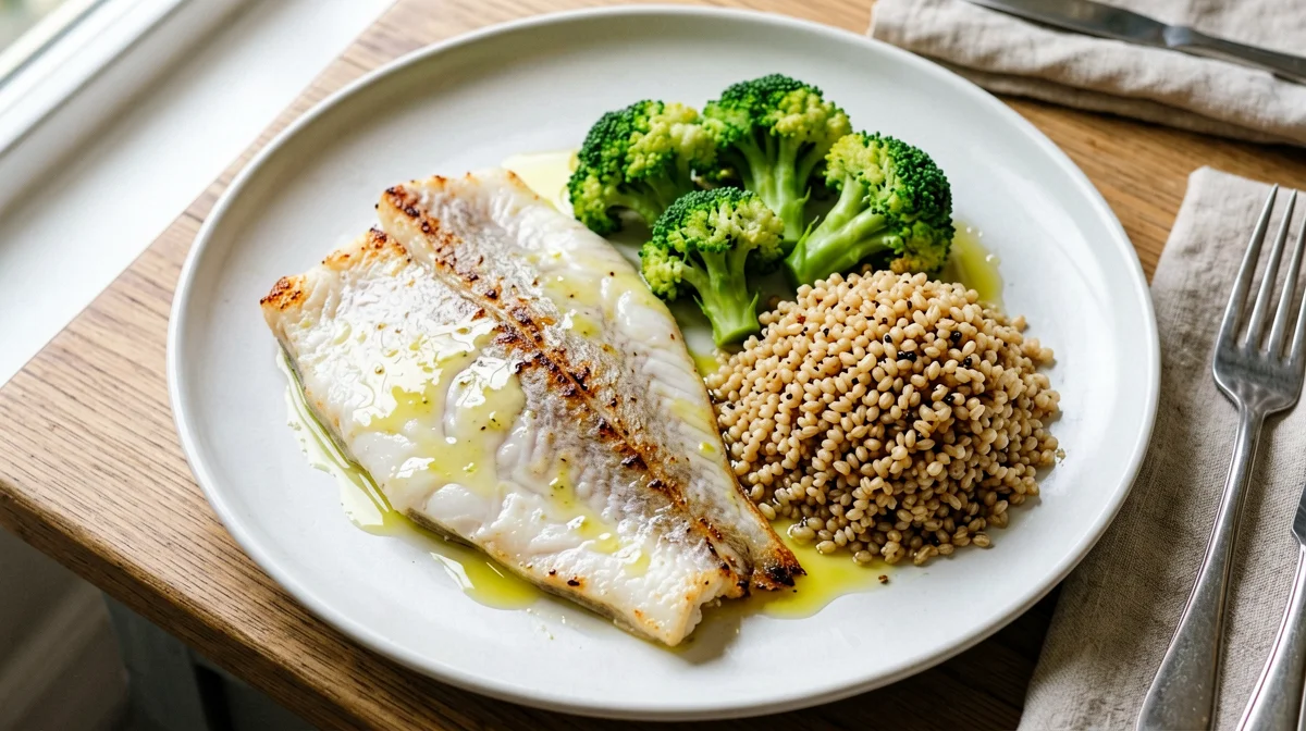 Platessa al limone con broccoli e farro
