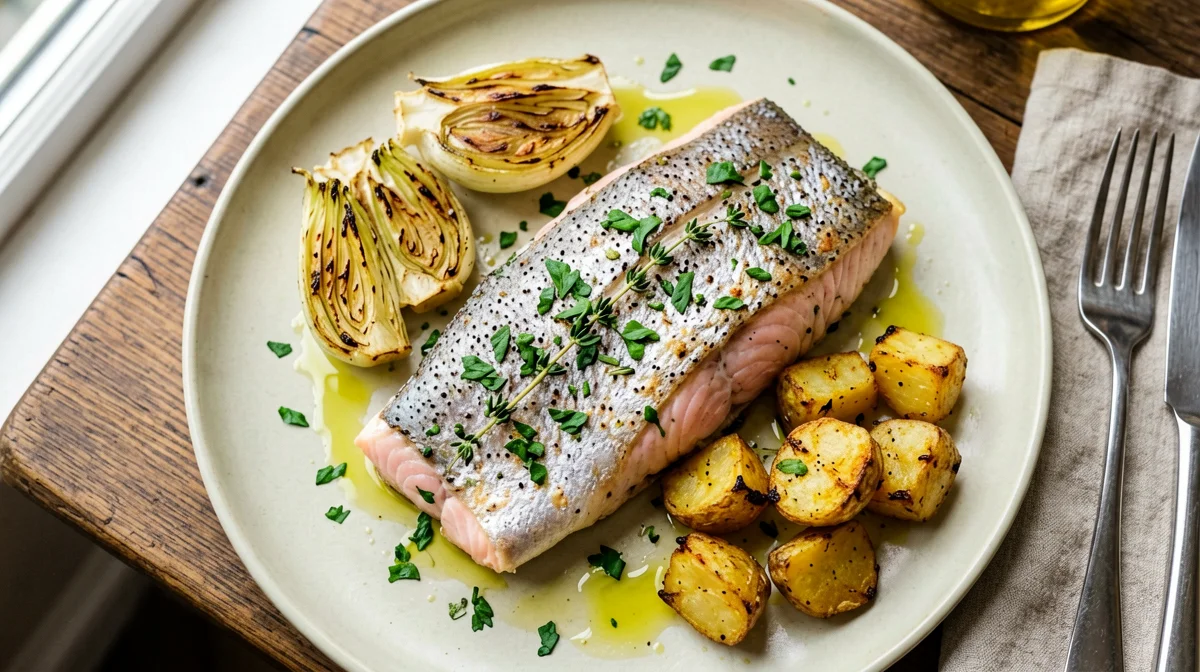 Trota alle erbe con finocchi arrosto e patate