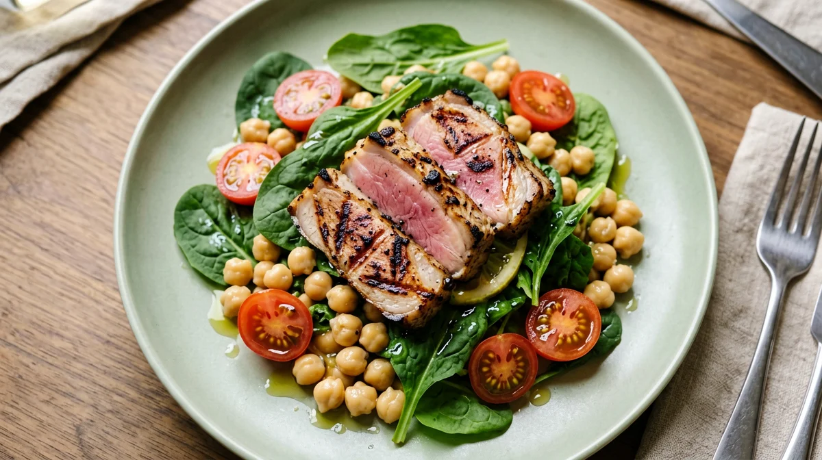 Griddled bonito with chickpea and rocket salad