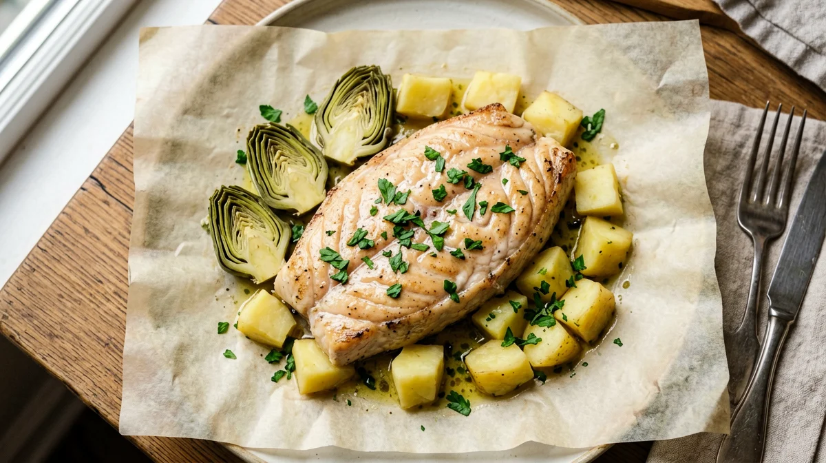 Ricciola al cartoccio con carciofi e patate
