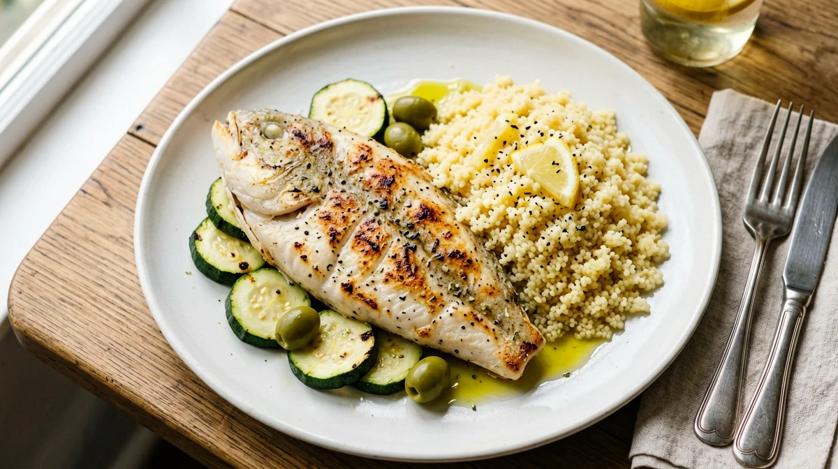 Rombo al forno con zucchine, olive e couscous