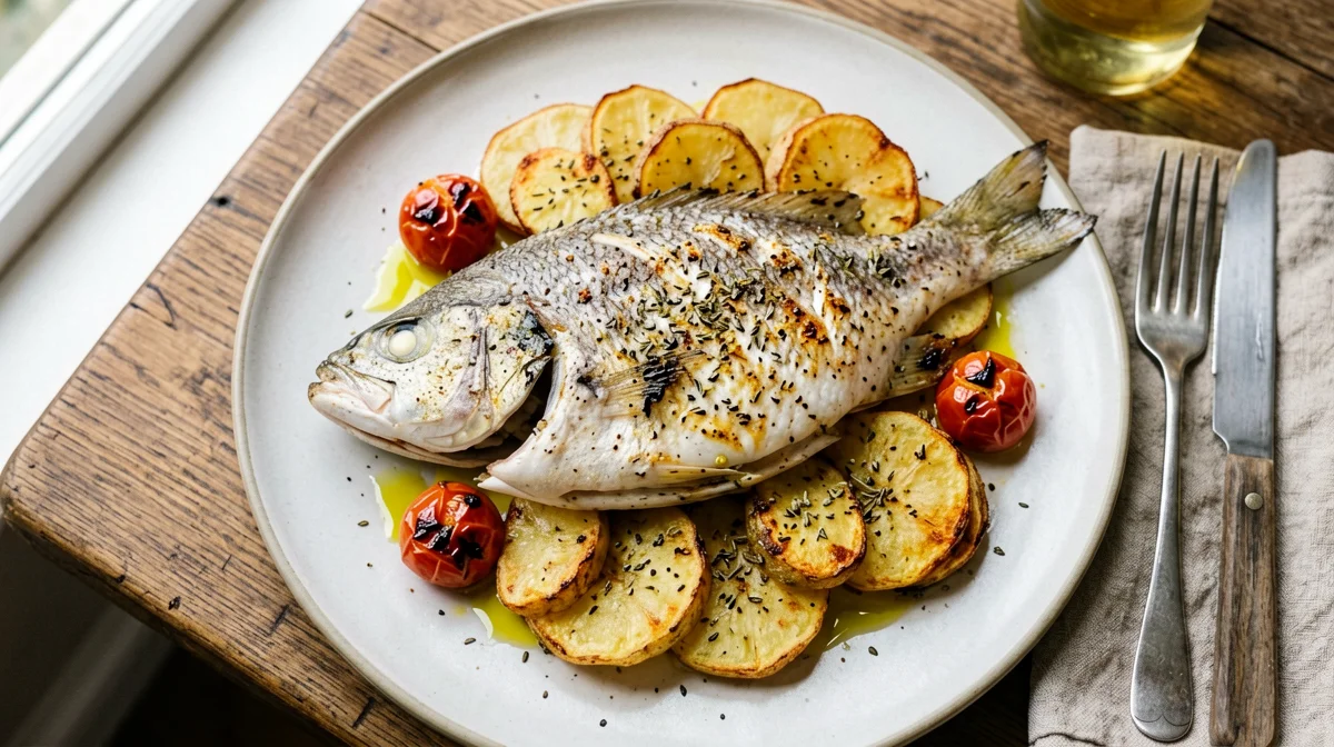 Baked John Dory with potatoes and cherry tomatoes
