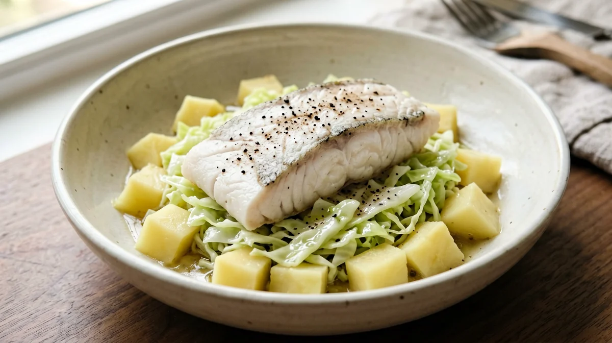 Cod with braised savoy cabbage and potatoes