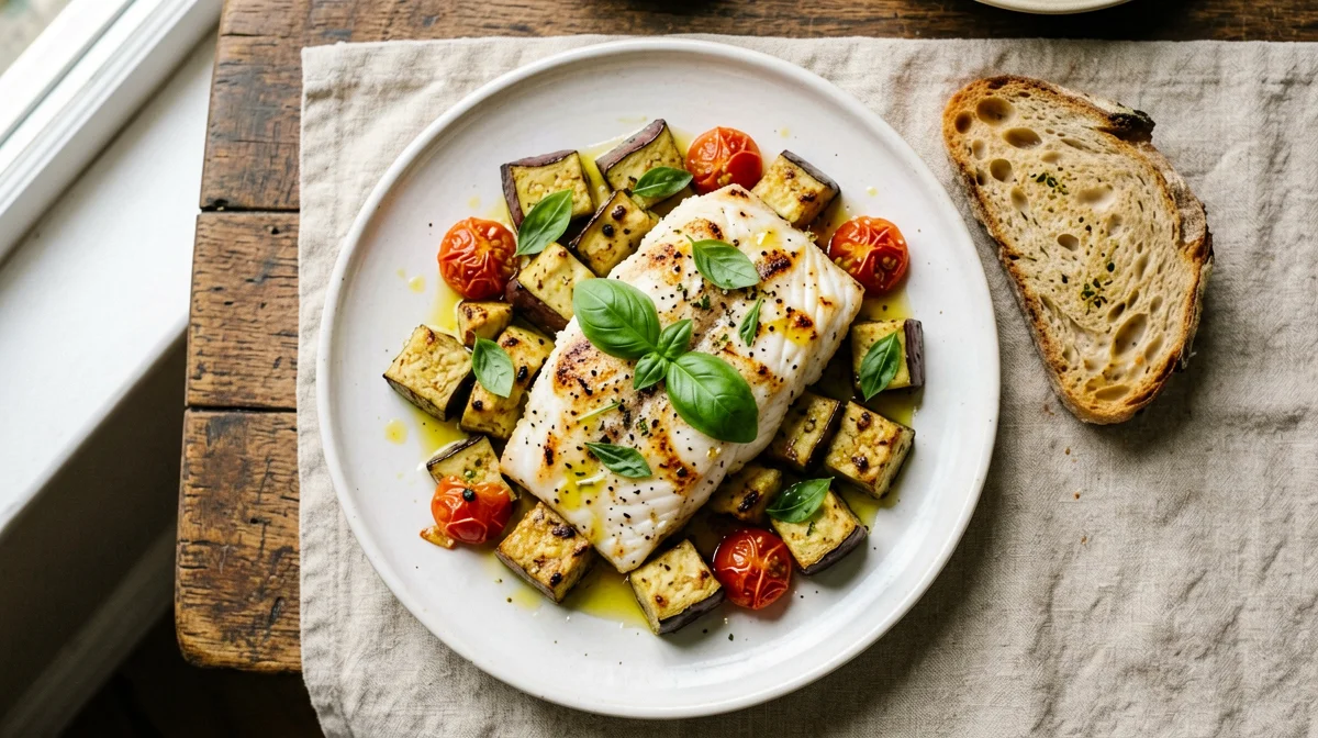 Baked cod with aubergine, cherry tomatoes and bread