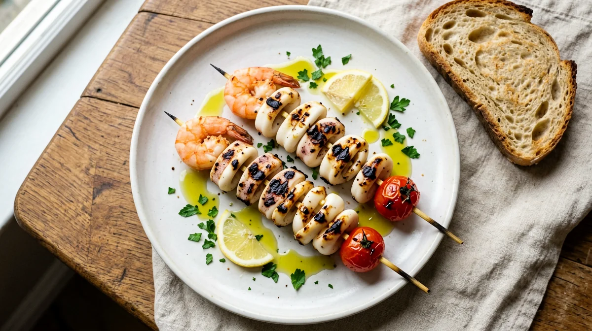 Spiedini di gamberi e calamari con pomodorini e pane