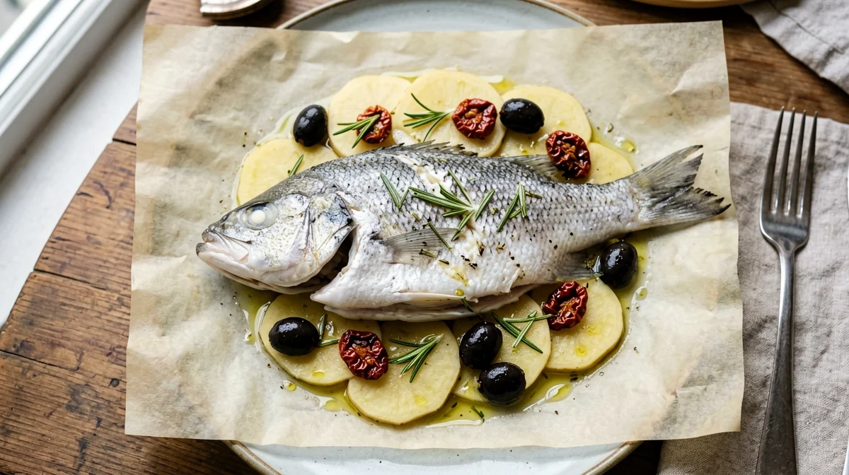 Sea bream en papillote with potatoes, olives and sun-dried tomatoes