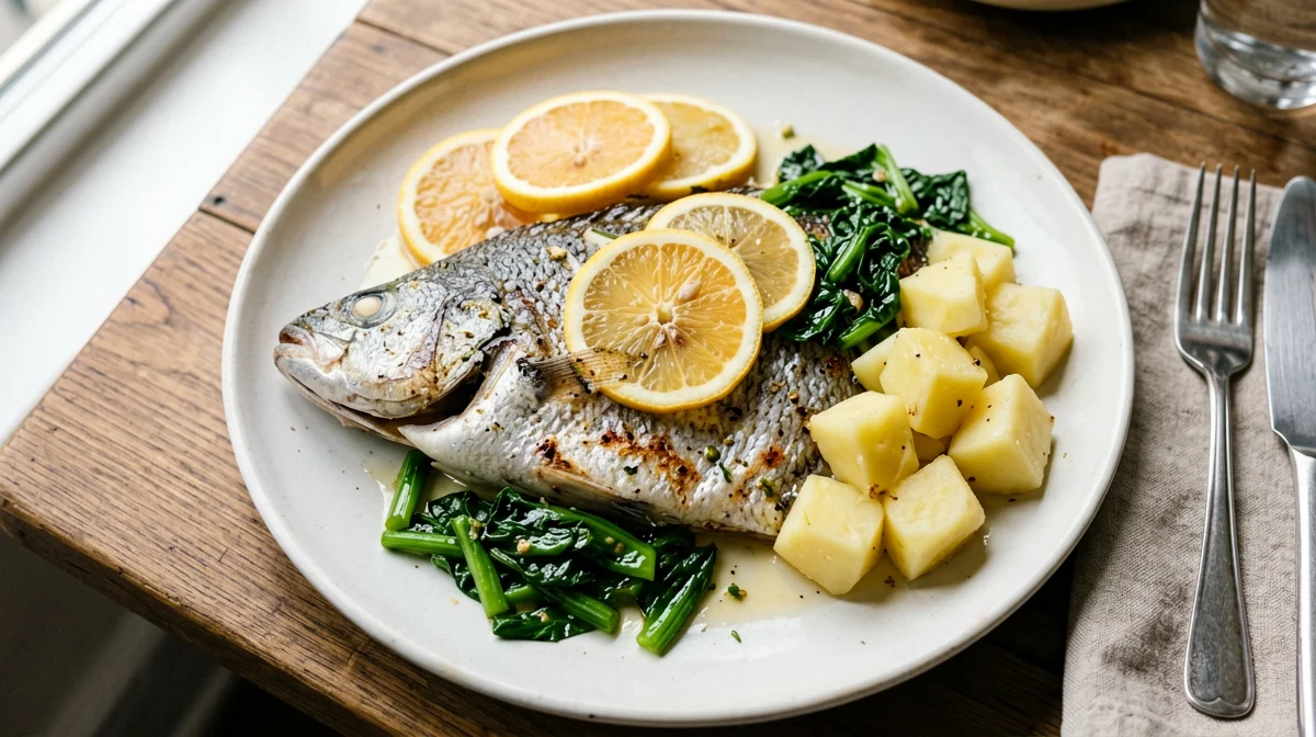 Branzino agli agrumi con bietole saltate e patate