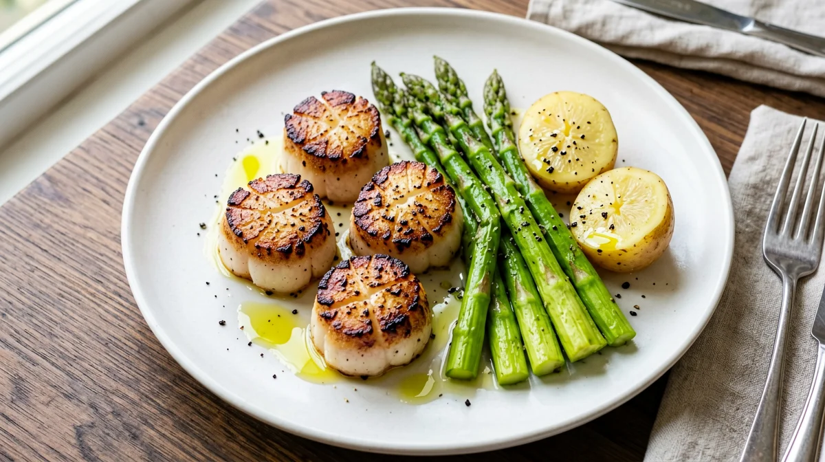 Seared scallops with asparagus and new potatoes