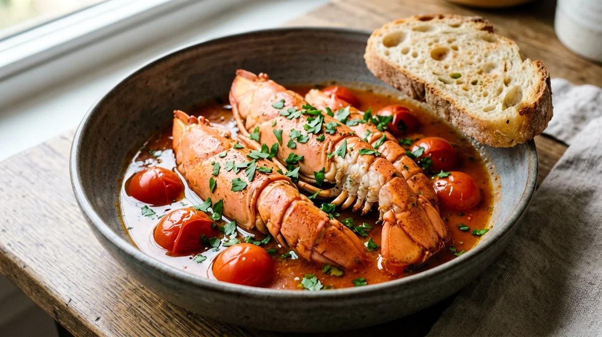 Scampi in guazzetto con pomodorini e pane