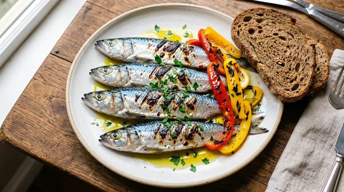Grilled sardines with peppers and wholemeal bread