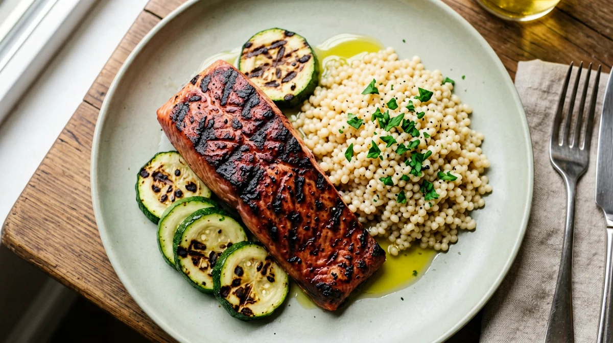 Salmone selvaggio alla griglia con zucchine e orzo al limone