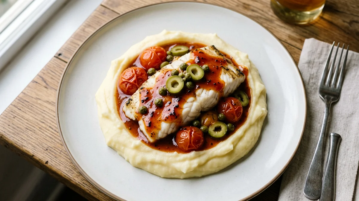 Cod with olives and capers on mashed potatoes