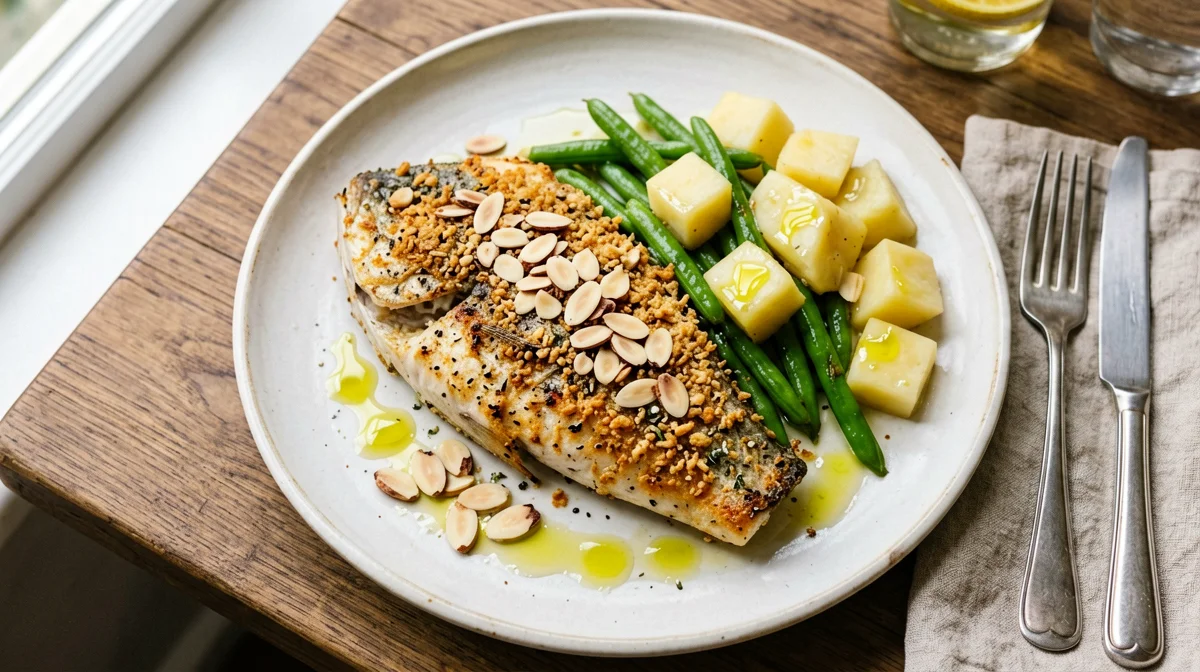 Almond-crusted hake with green beans and potatoes