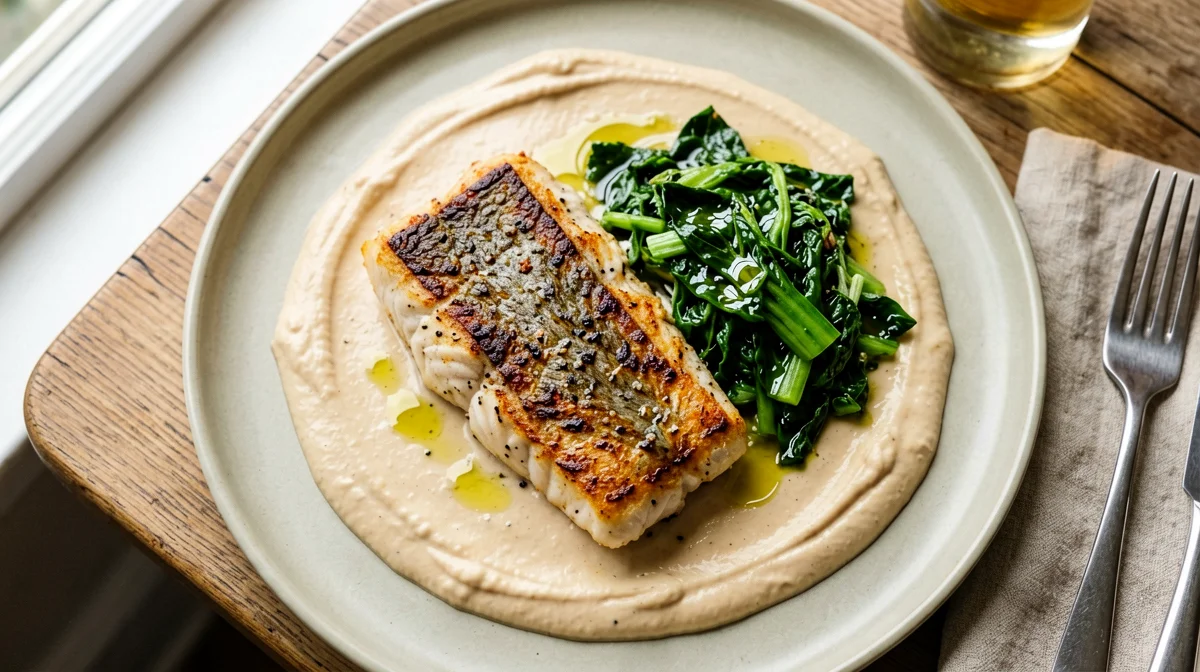 Branzino su crema di ceci con cicoria ripassata