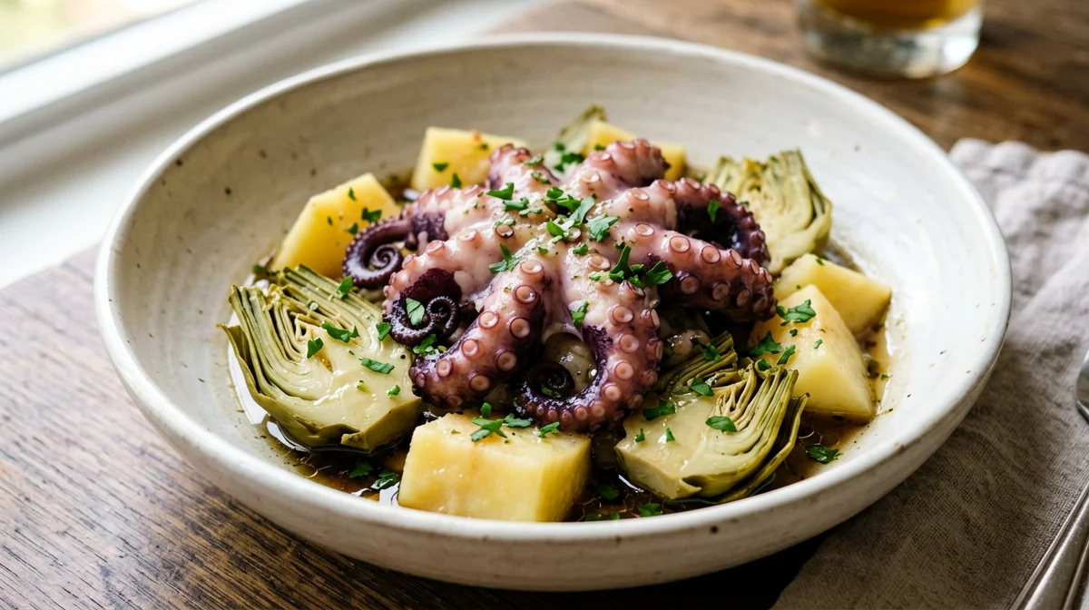 Octopus and artichokes stewed with potatoes