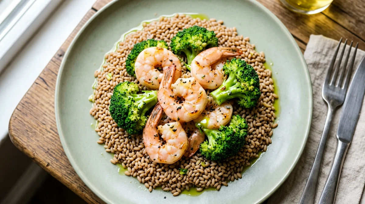 Gamberi al limone con broccoli saltati e farro