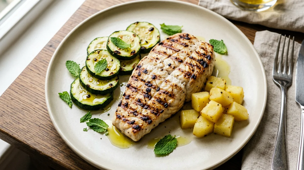 Griddled swordfish with zucchini scapece and potatoes