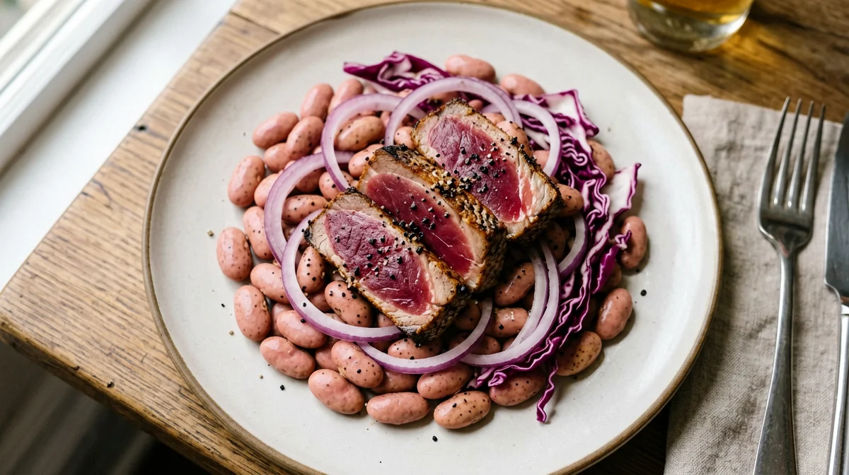 Tonno scottato con borlotti, cipolla rossa e radicchio