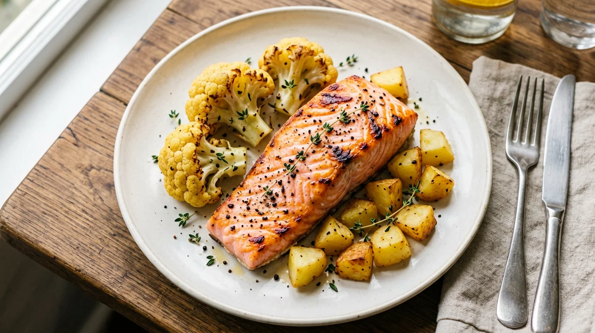 Salmone al forno con cavolfiore e patate al timo