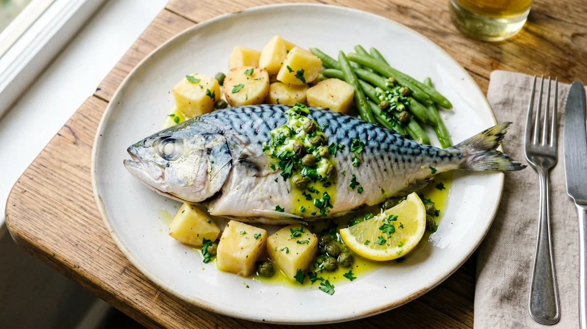 Sgombro al vapore con patate, fagiolini e salsa verde