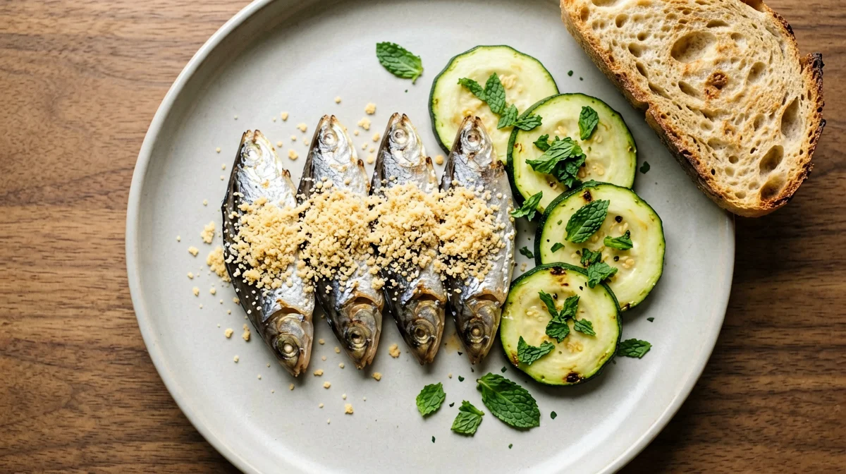 Alici al forno con zucchine alla menta e pane