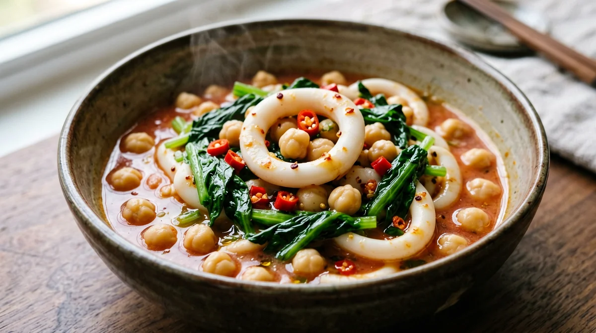 Calamari con ceci e bietole in umido