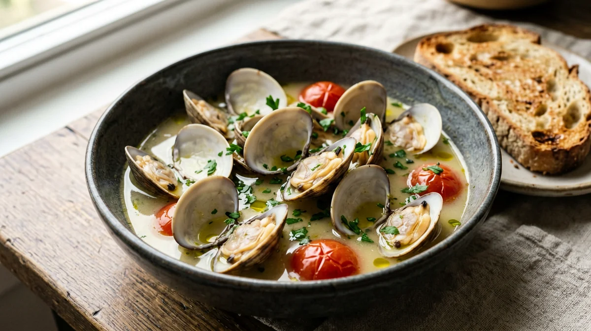 Clams in a cherry tomato broth with toasted bread