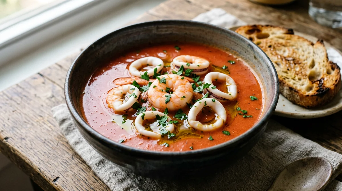 Zuppetta di gamberi e calamari con pane tostato