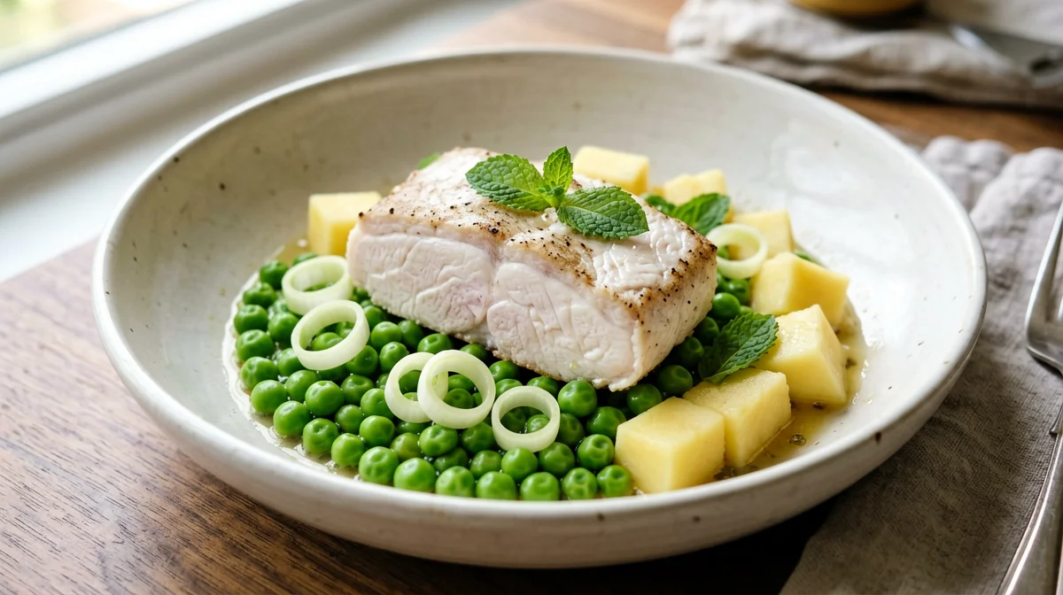 Grouper with peas, spring onions and potatoes