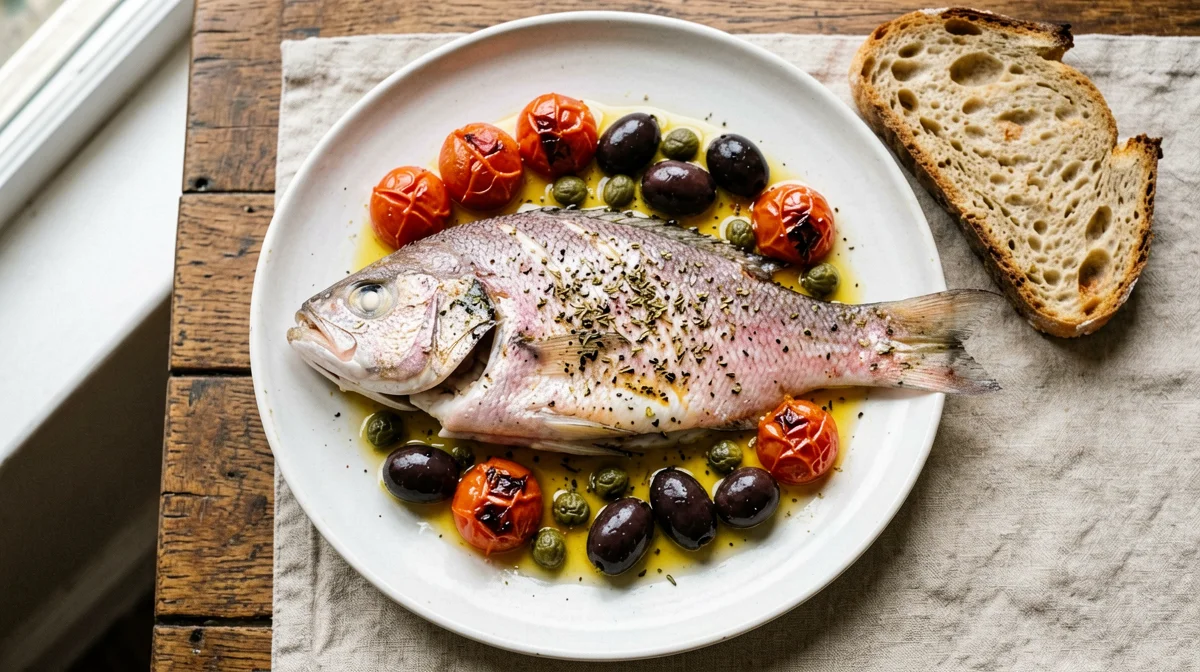 Baked dentex with cherry tomatoes, olives and bread