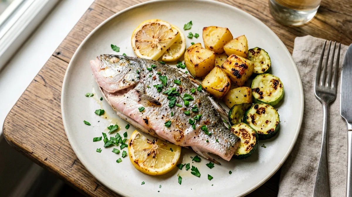 Trota al forno con zucchine e patate al limone